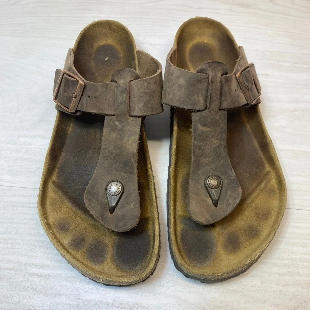 Birkenstock Mens 45 Gizeh Thong Sandals Oiled Leather Brown Cork Slide Comfort